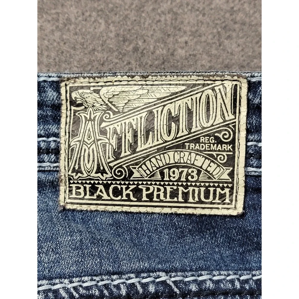 Affliction Men's 34 Ace Straight Jeans Blue Distressed Embroidered Premium Denim - Picture 11 of 12